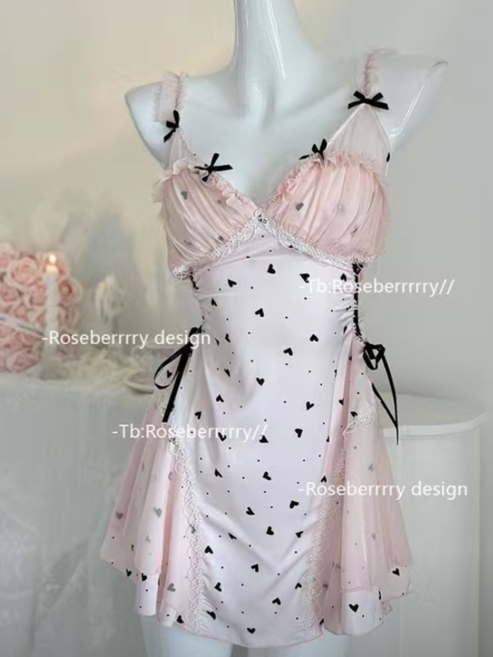 Pink Heart Satin Chemise with Black Bows